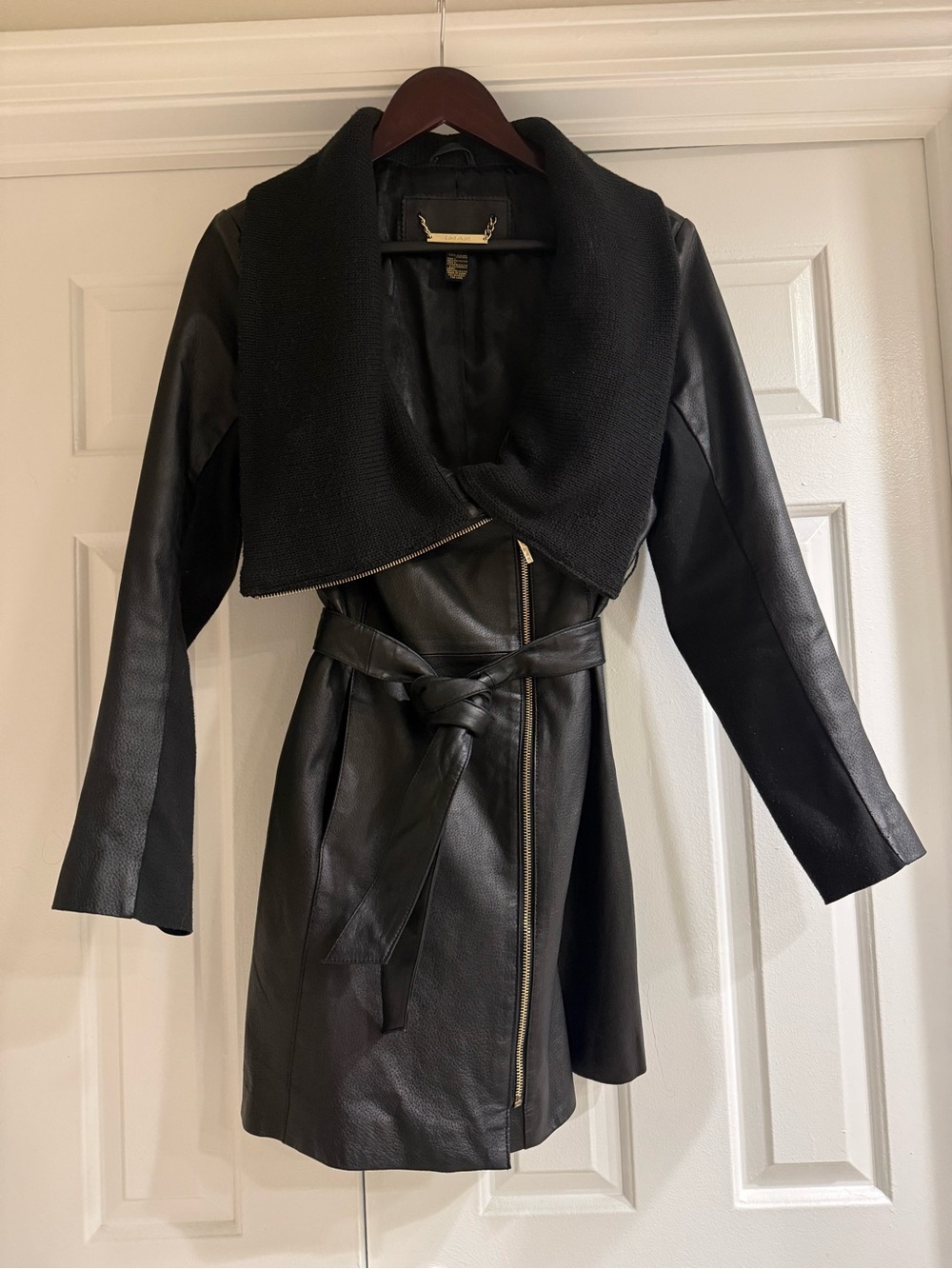 IMAN Black Genuine Leather Trench Coat with Wide Collar